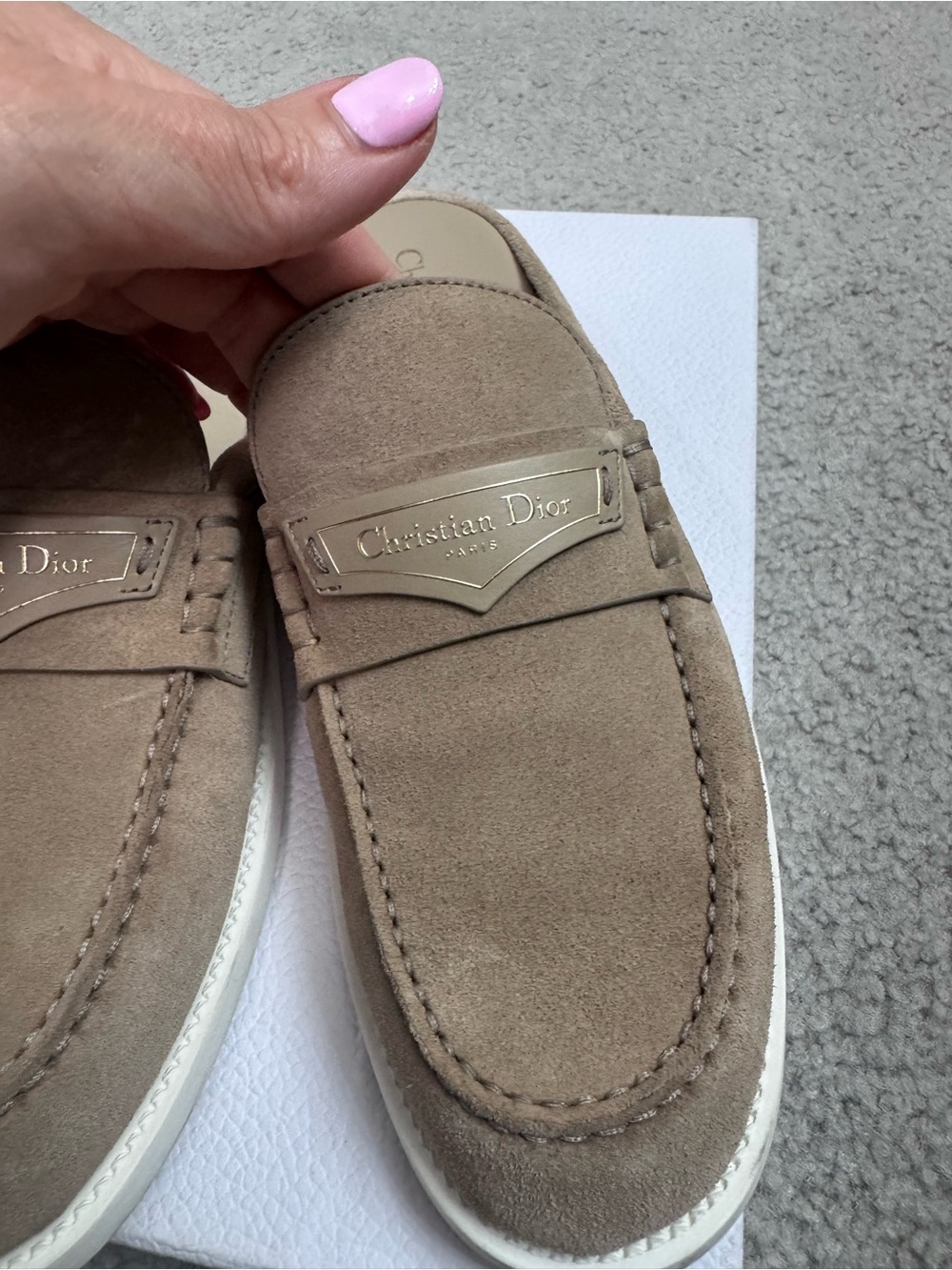 Dior Taupe Suede Slip-On Loafers with Metal Christian Dior Plaque